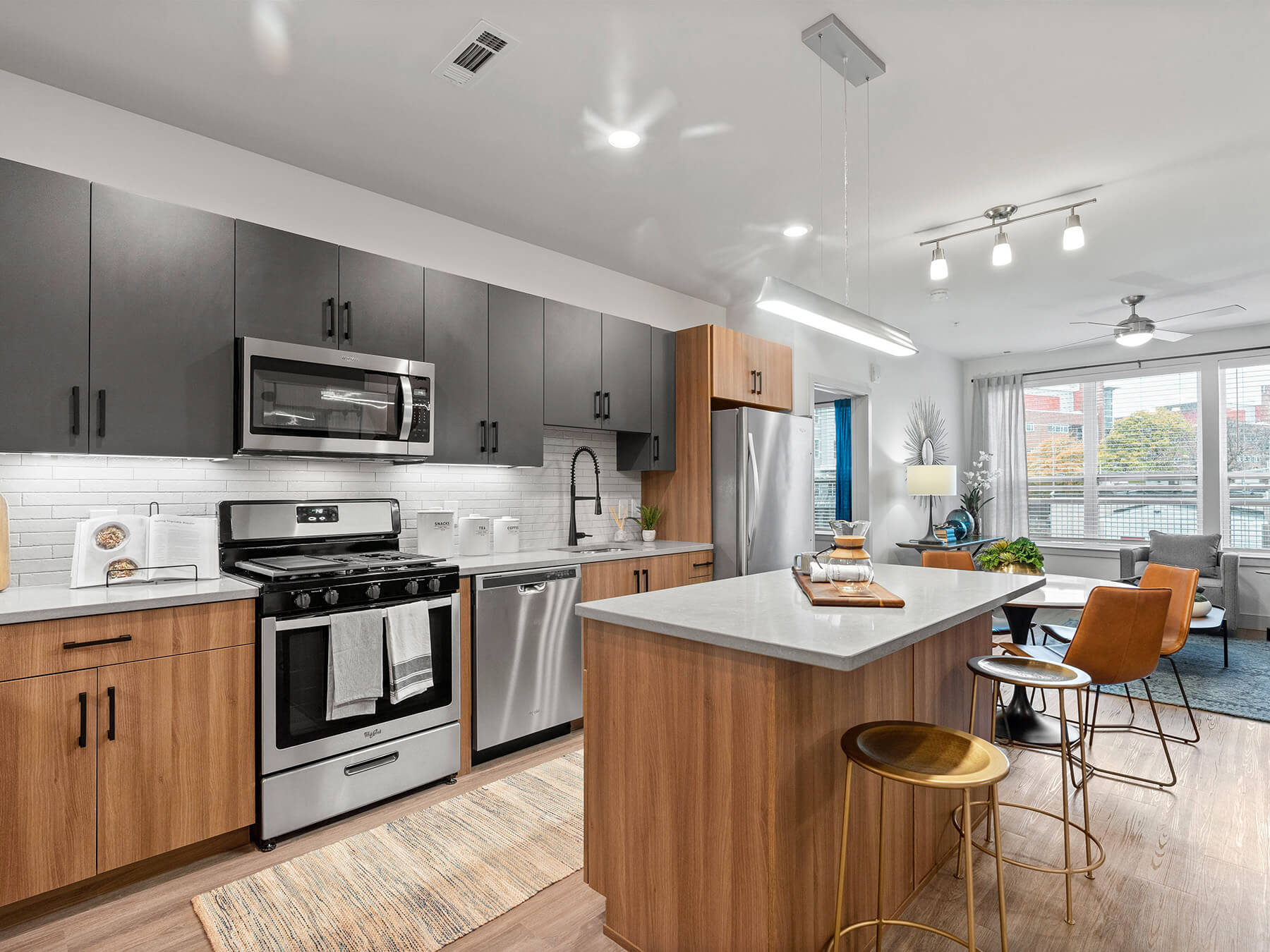Modern kitchen with an island in the Vero Apartments in Chelsea, Massachusetts.